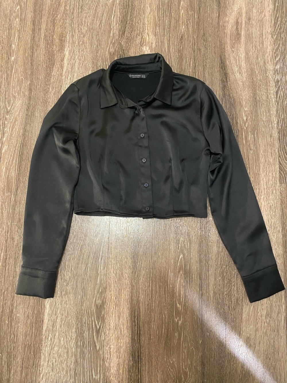 Black Satin Button-Up Shirt (crop)